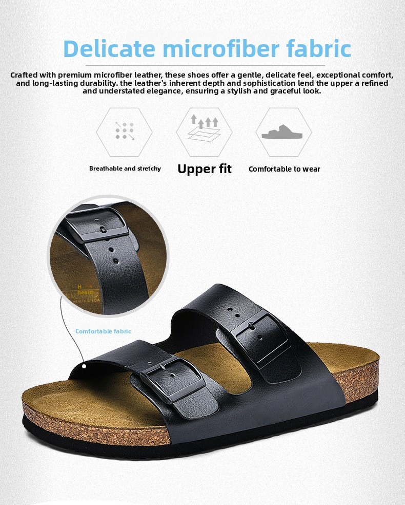 Unisex Soft Cork Slides With Double Buckle And Non-slip Sole_voghion.com