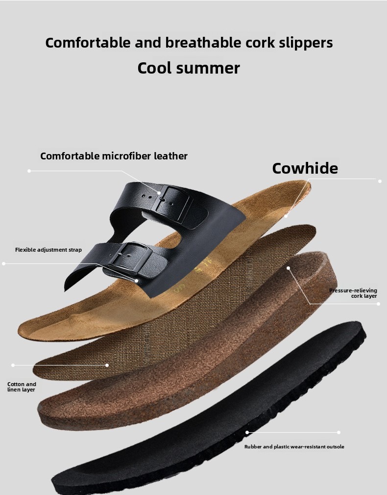 Unisex Soft Cork Slides With Double Buckle And Non-slip Sole_voghion.com