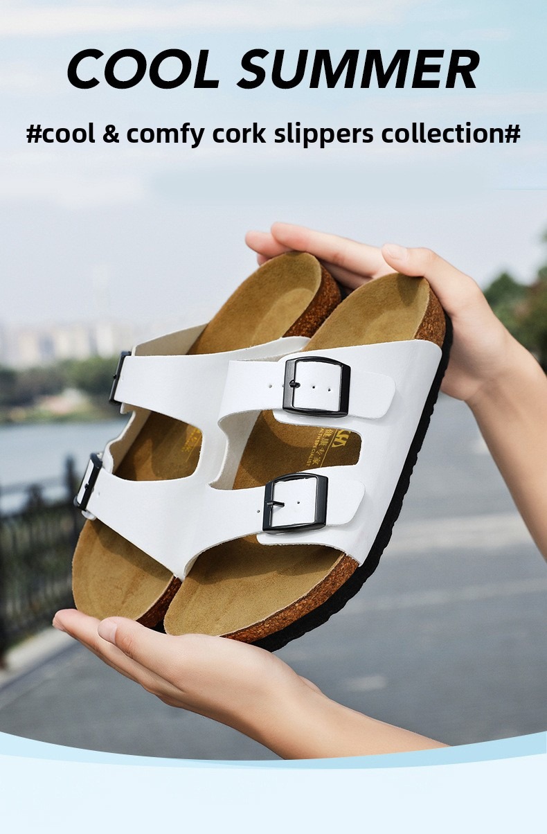 Unisex Soft Cork Slides With Double Buckle And Non-slip Sole_voghion.com