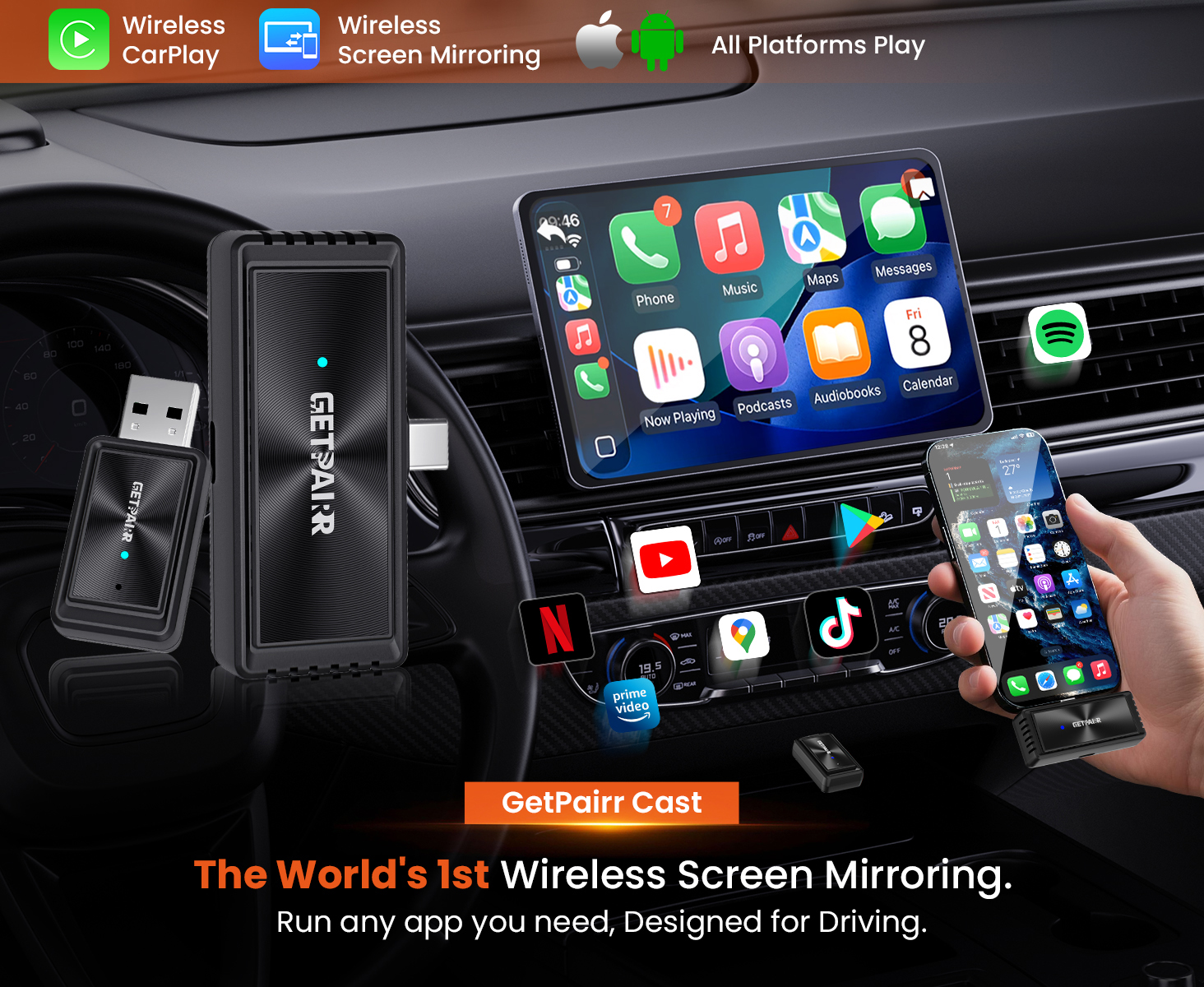 GetPairr Mirror Wireless Mirroring CarPlay Adpater 2 in 1 For