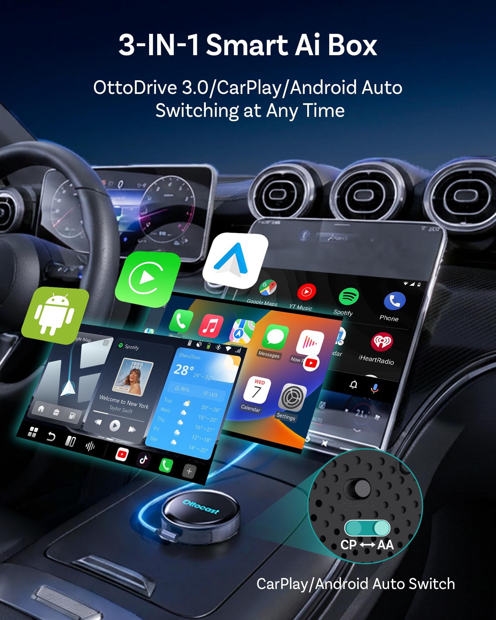 OTTOCAST P3 Pro CarPlay AI Box Android Adapter Wireless Android
