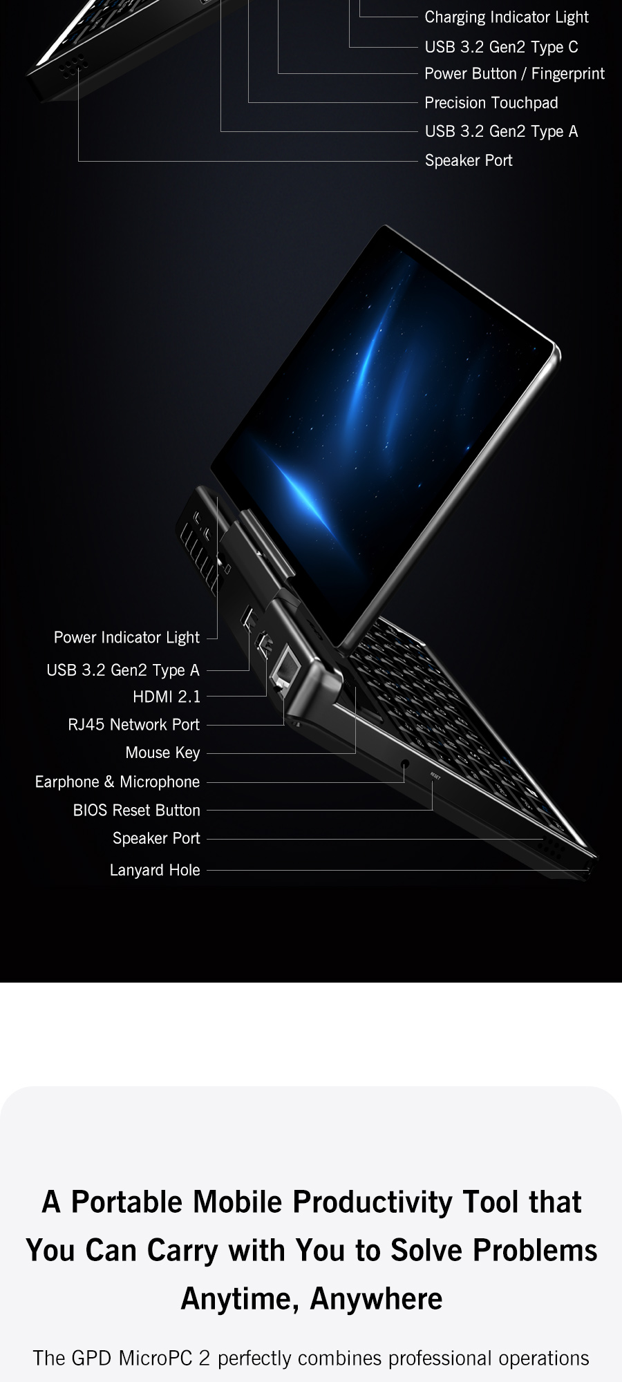 GPD MicroPC 2 Mini Laptop PC 7-inch Intel Processor N300 16GB RAM