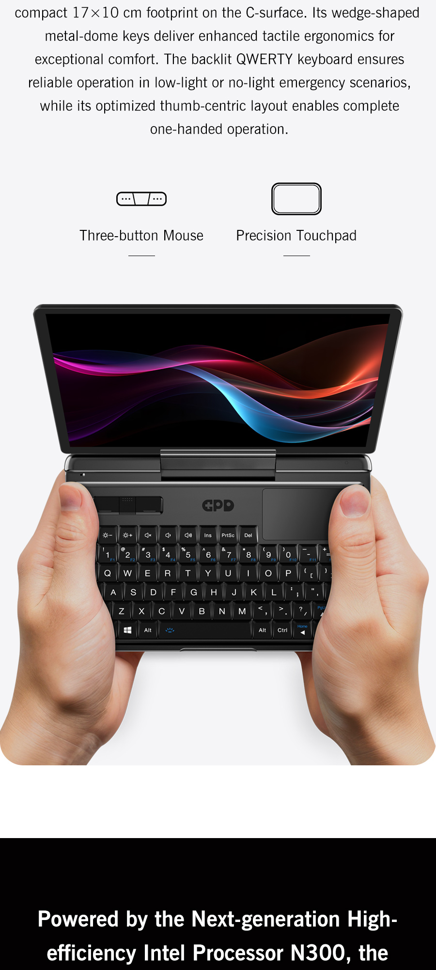 GPD MicroPC 2 Mini Laptop PC 7-inch Intel Processor N300 16GB RAM