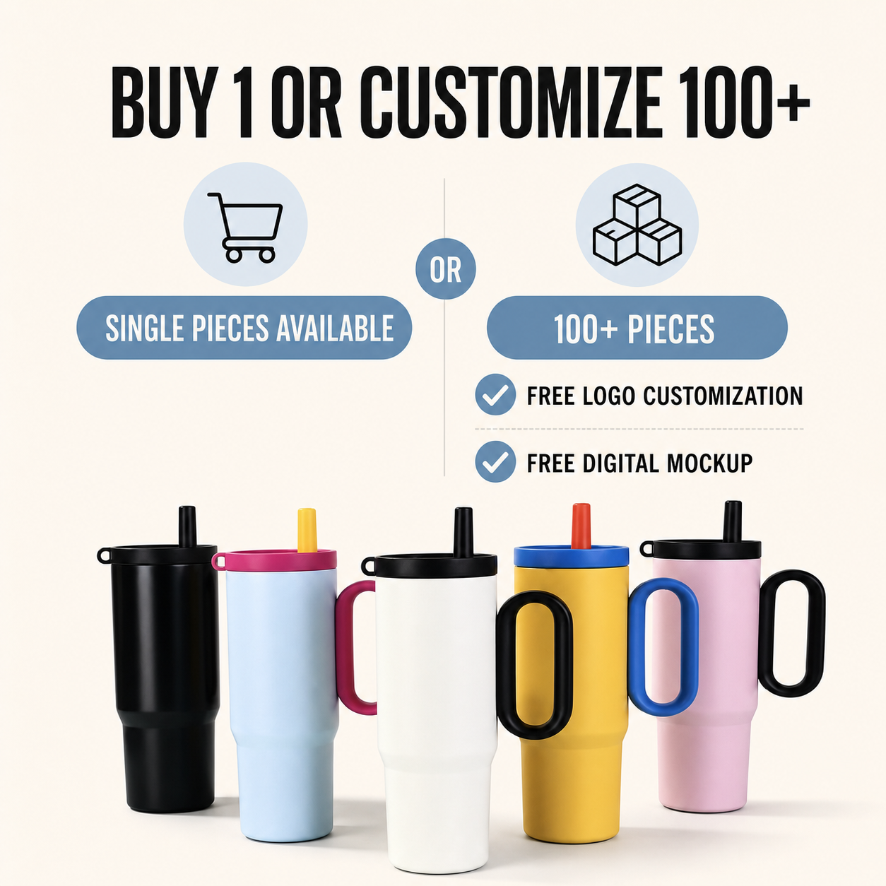 Buy one tumbler or order 100 plus pieces with free logo customization and mockup