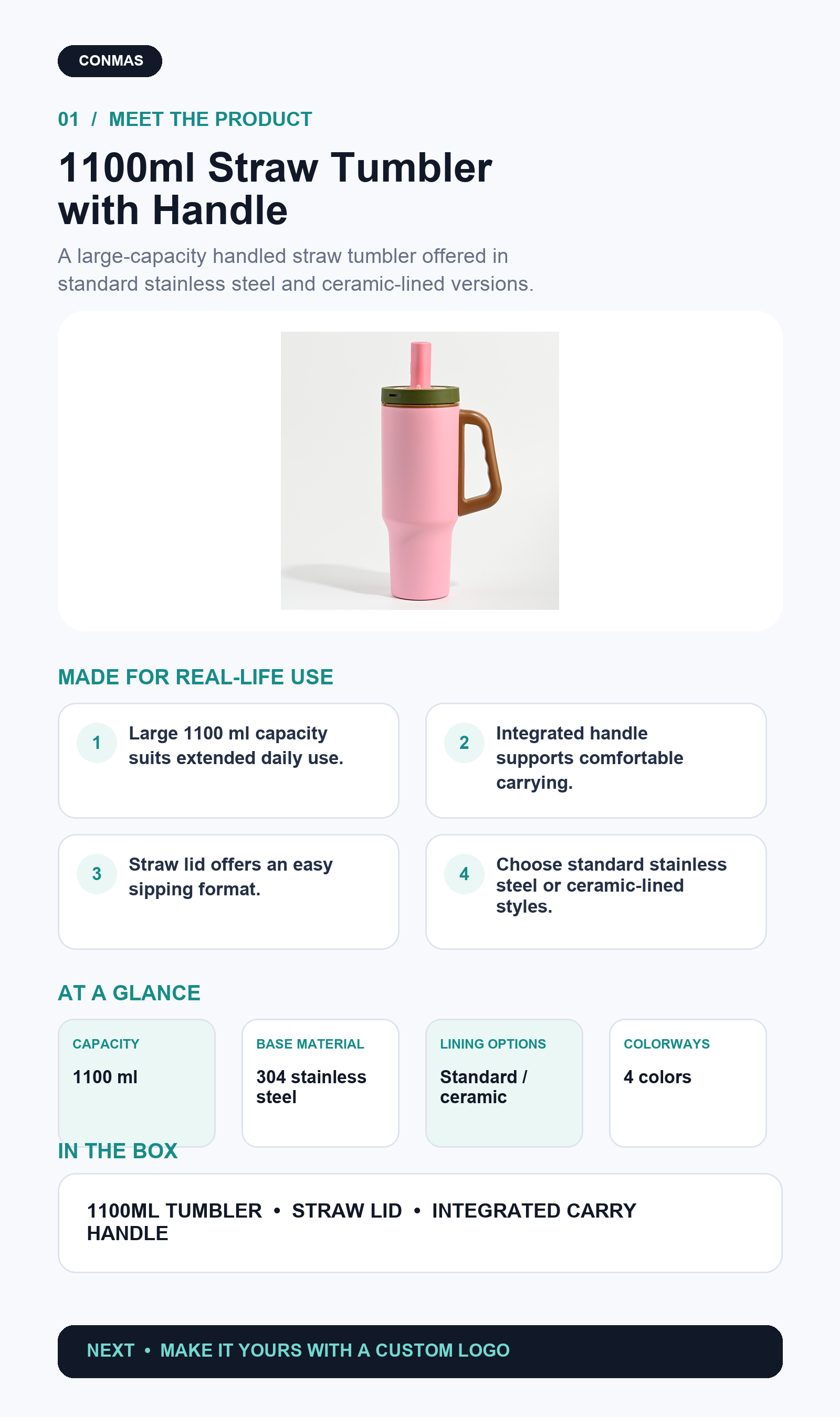Custom 1100ml 304 Stainless Steel Straw Tumbler with Handle product overview and key specifications