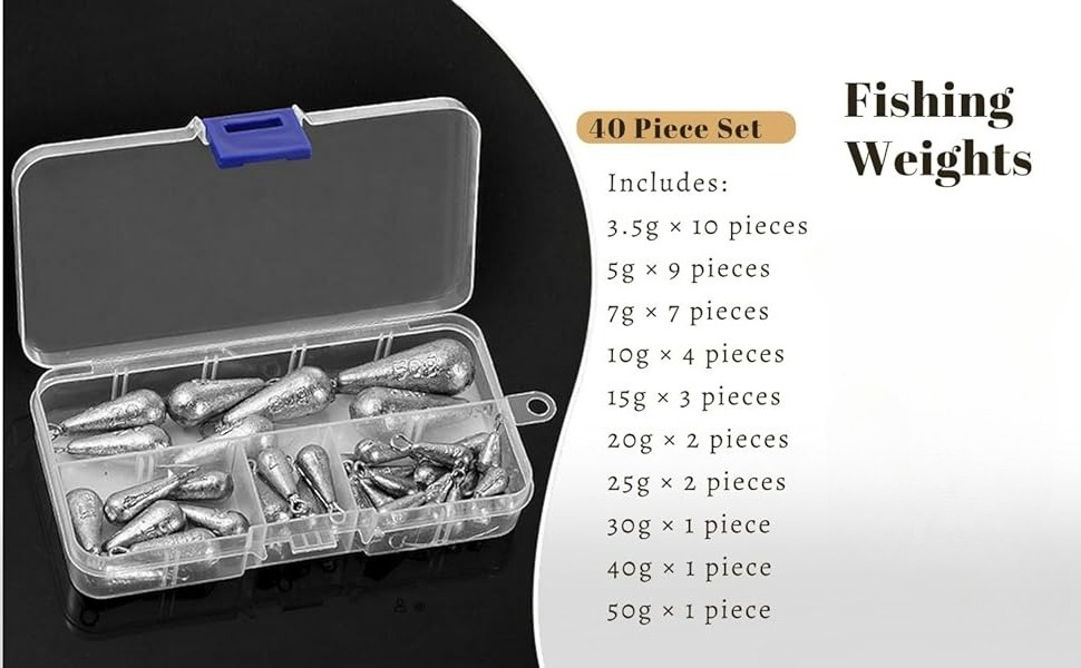 en estuche de plástico transparente. Contiene 40 piezas que van desde 3,5 g hasta 50 g. El segundo juego incluye 21 piezas de 3,5 g a 25 g