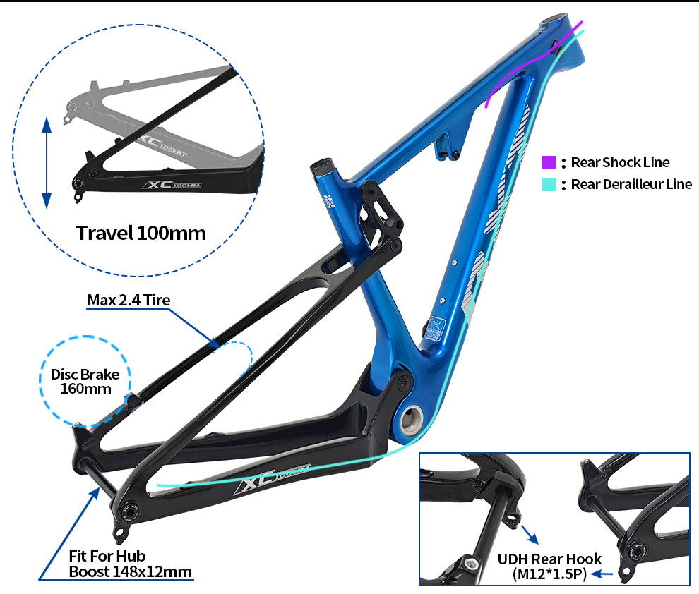 29er Full Carbon Suspension Mountain Bike Frame Boost 148x12mm MTB