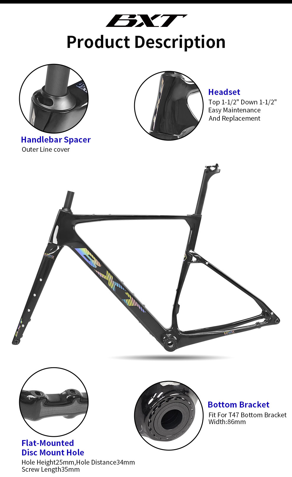 BXT Carbon Gravel Frame 700x50c Road Bike Cyclocorss UDH Disc