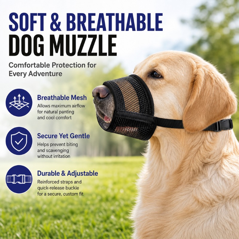 Dog wearing soft mesh muzzle