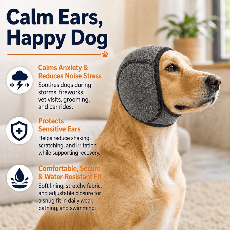 Dog wearing calming ear wrap