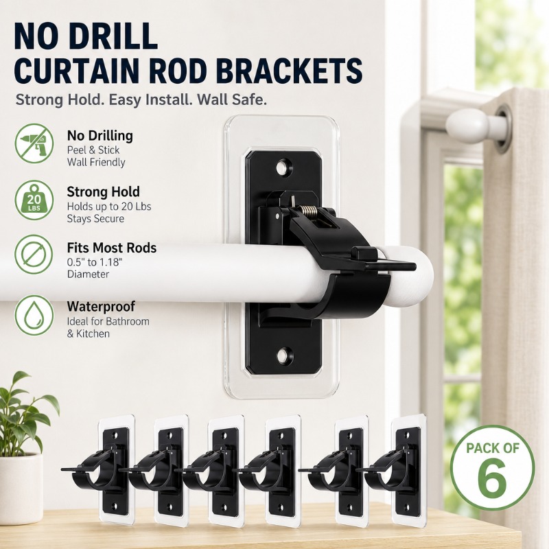 No-drill curtain rod brackets installed