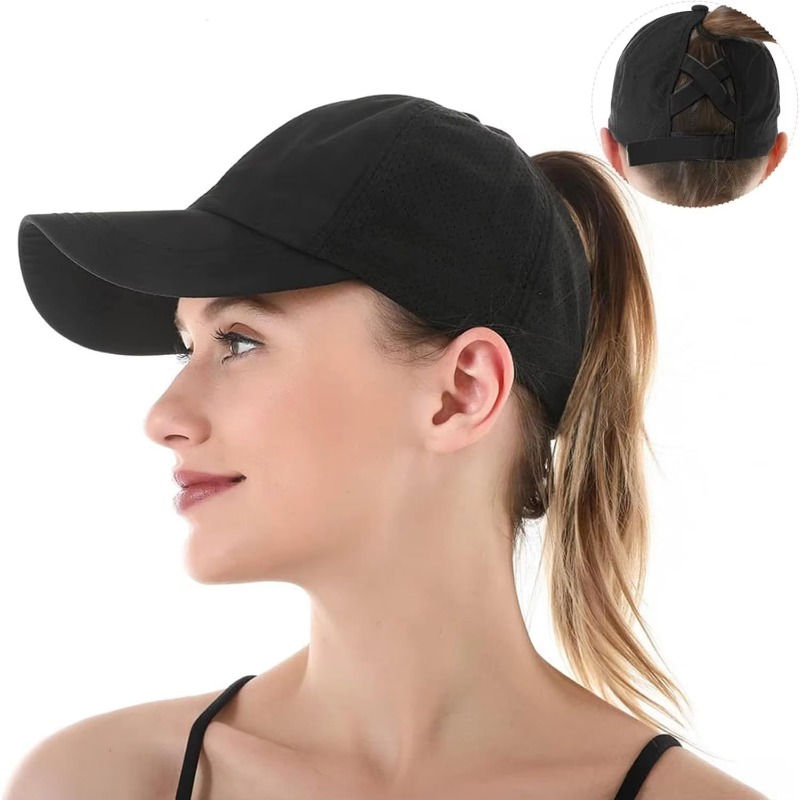 Woman wearing high ponytail cap