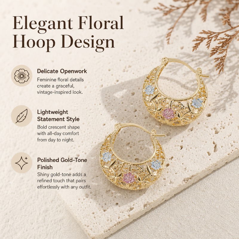Elegant Floral Openwork Crescent Hoops