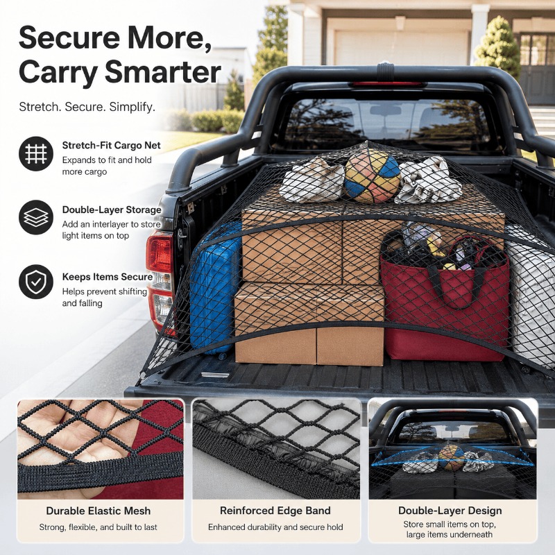 Truck bed cargo net in use
