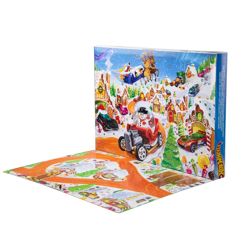 Fold-out winter playmat for toy car racing adventures