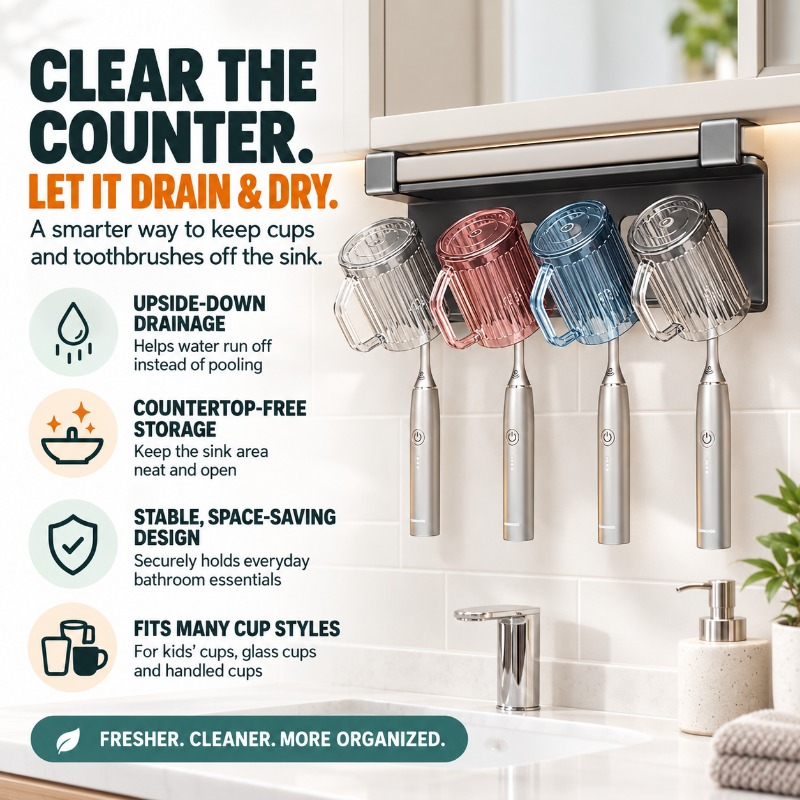 Under-cabinet cup and toothbrush holder