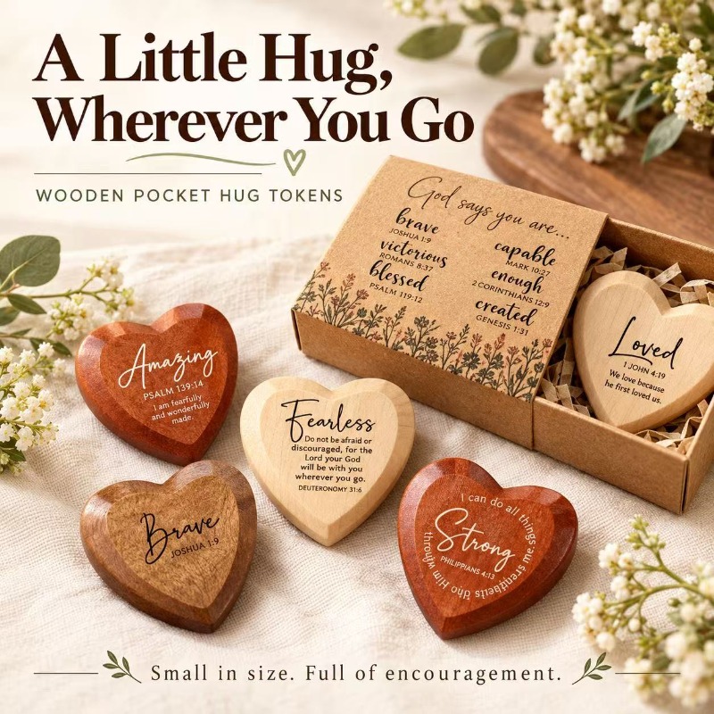 Wooden encouragement hearts displayed in an everyday setting