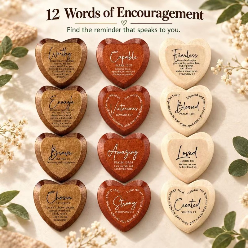 The twelve included wooden heart message designs