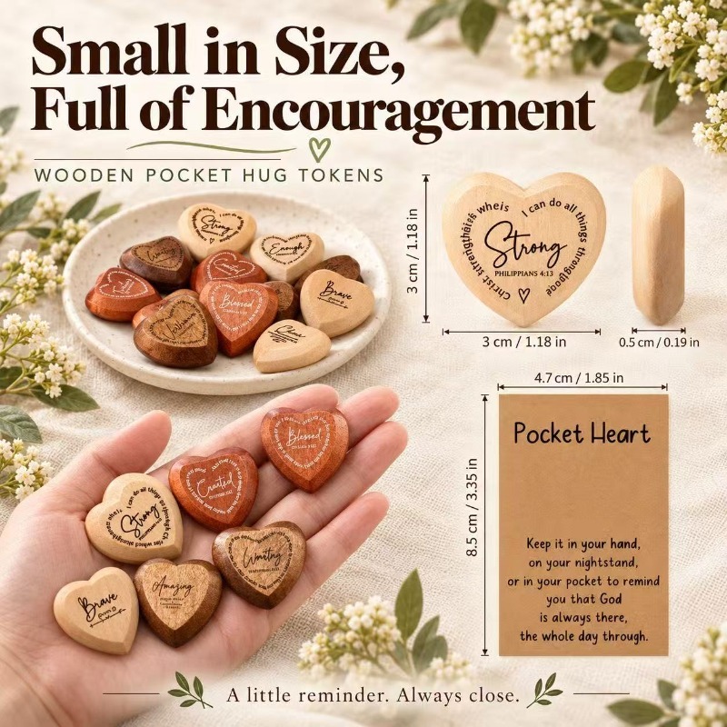 Pocket-sized wooden heart dimensions and keepsake presentation