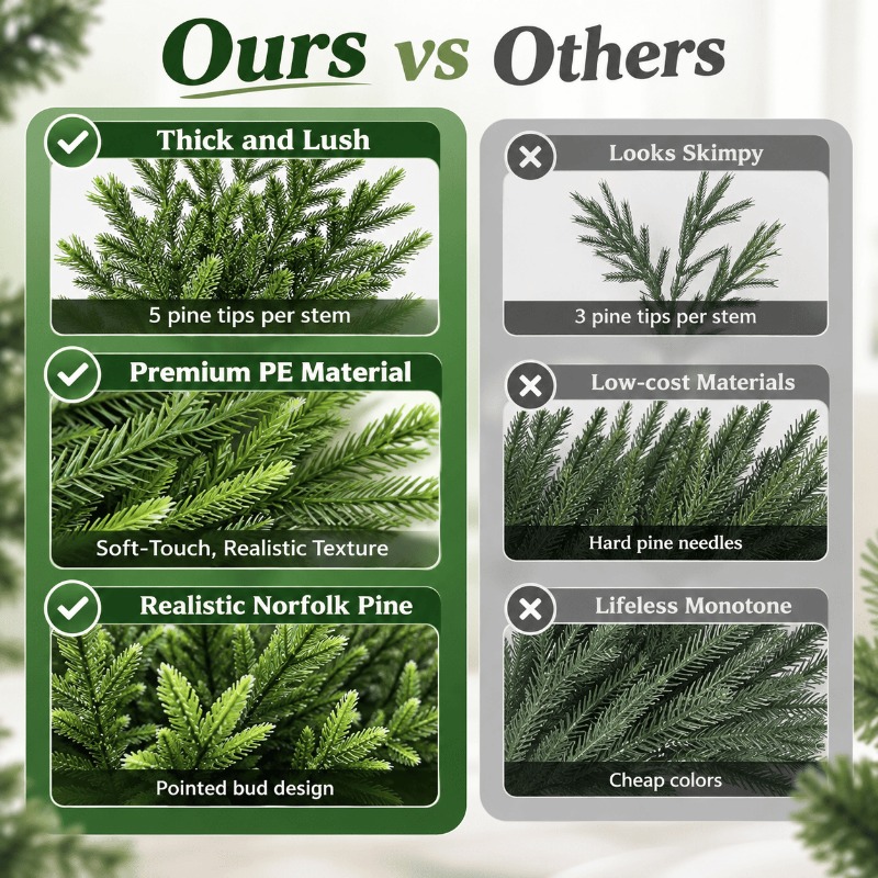 Artificial Norfolk pine stems with layered green foliage