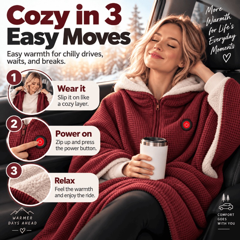 Putting on and operating the heated wearable blanket