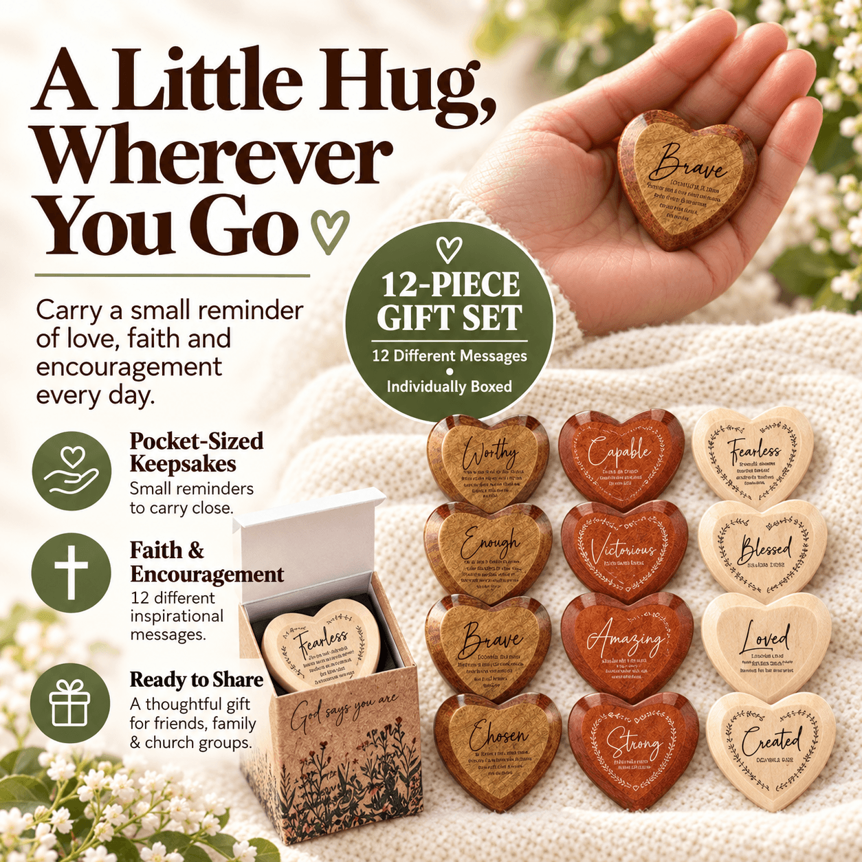 Wooden pocket heart collection with individual gift packaging