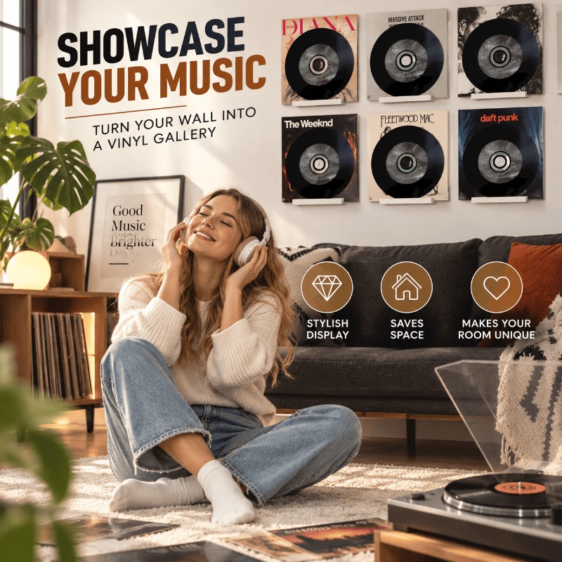 Record display shelves positioned near a listening area