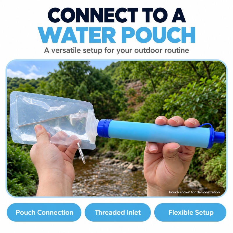 Water pouch connection shown with the portable filter