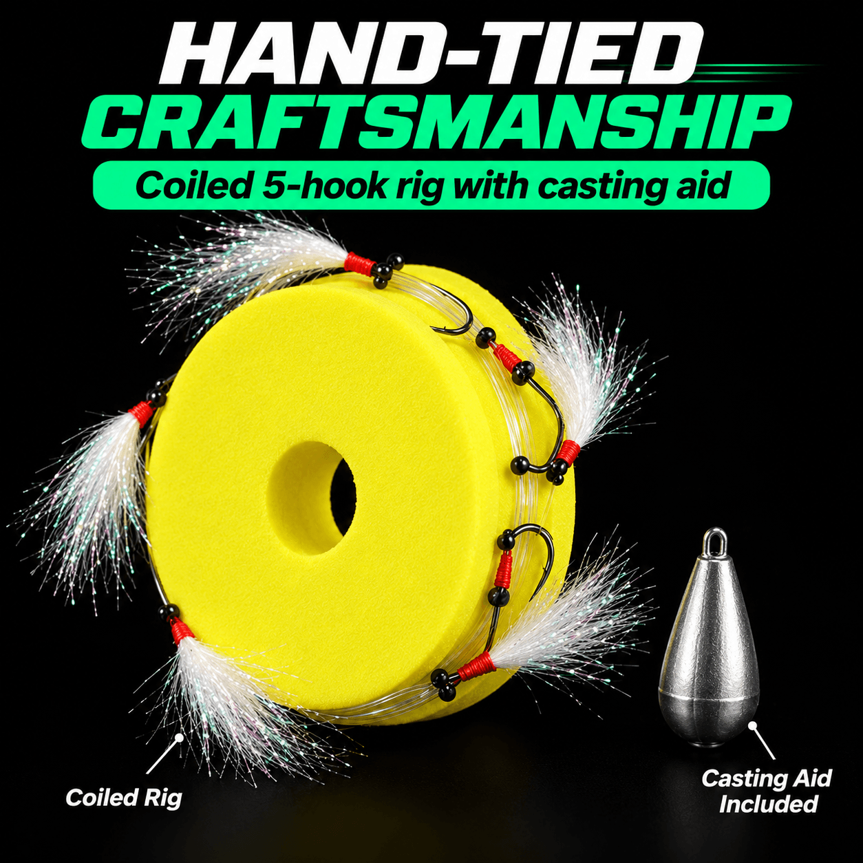 Coiled fishing rig and an included casting aid