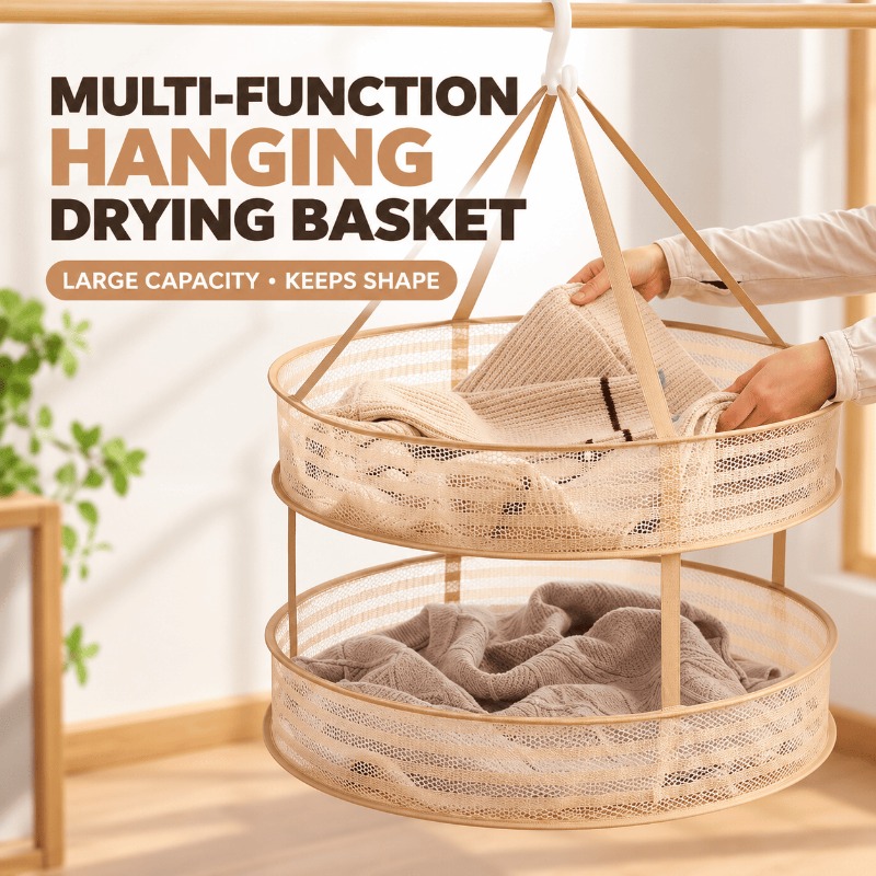 Clothing laid flat on a two-tier mesh drying rack