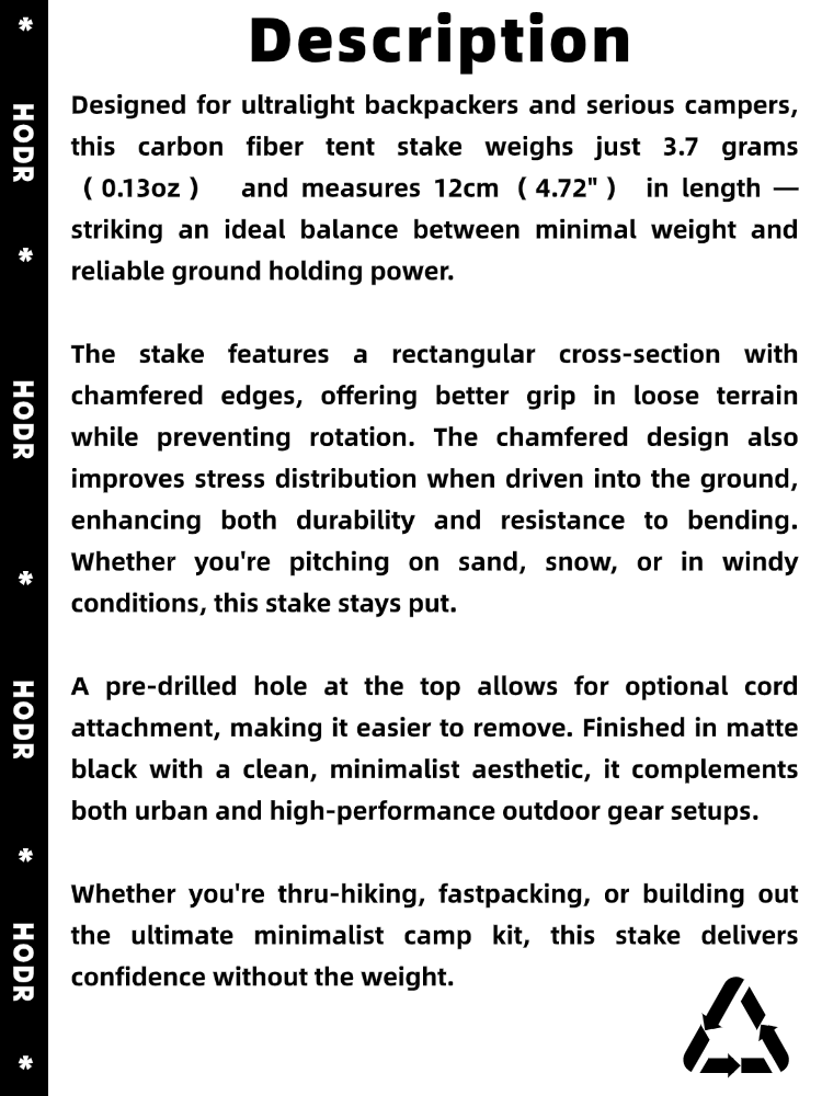 Carbon fiber tent stake showing reinforced metal tip