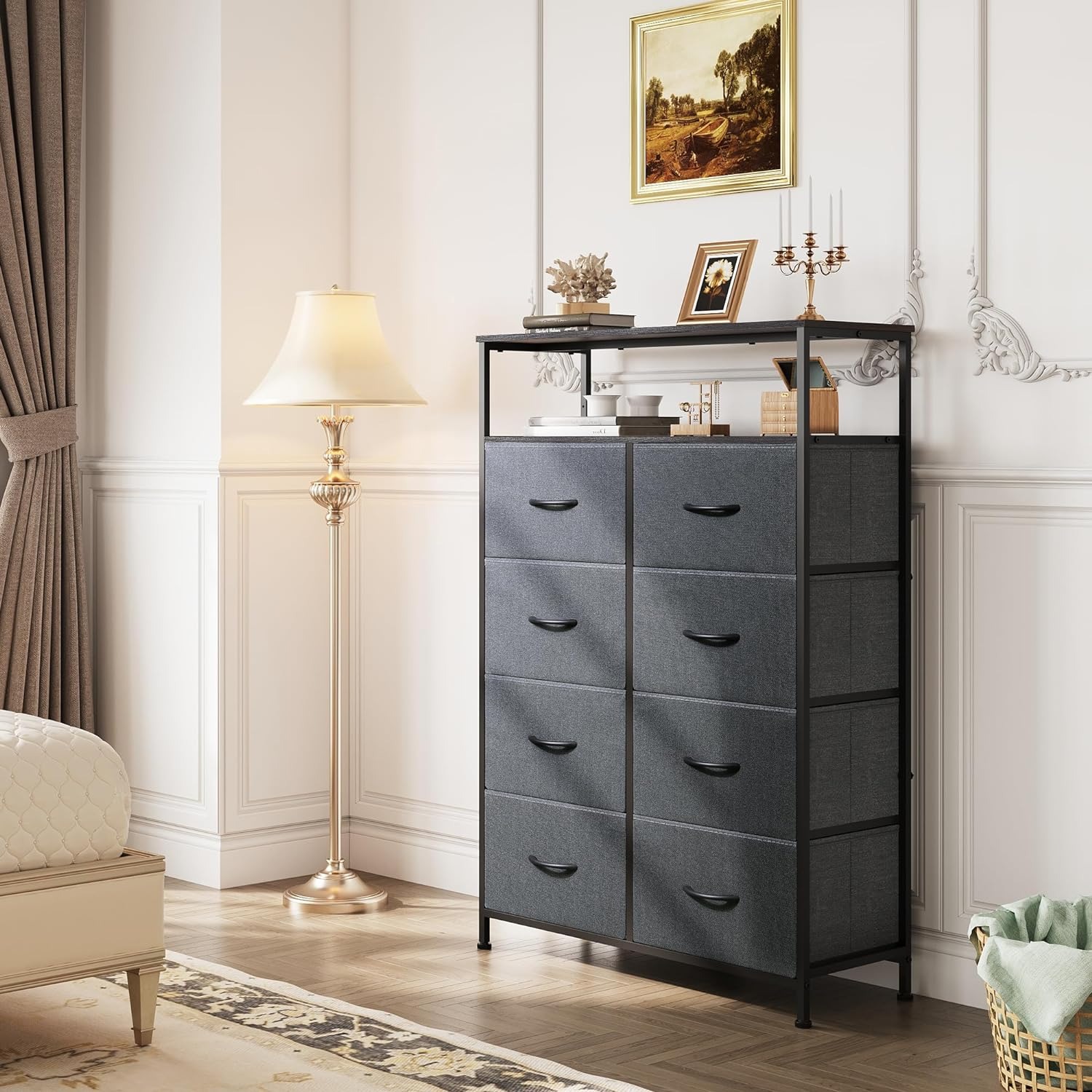 8-Drawer Fabric Dresser 46in Open Shelf Tall Storage Cabinet