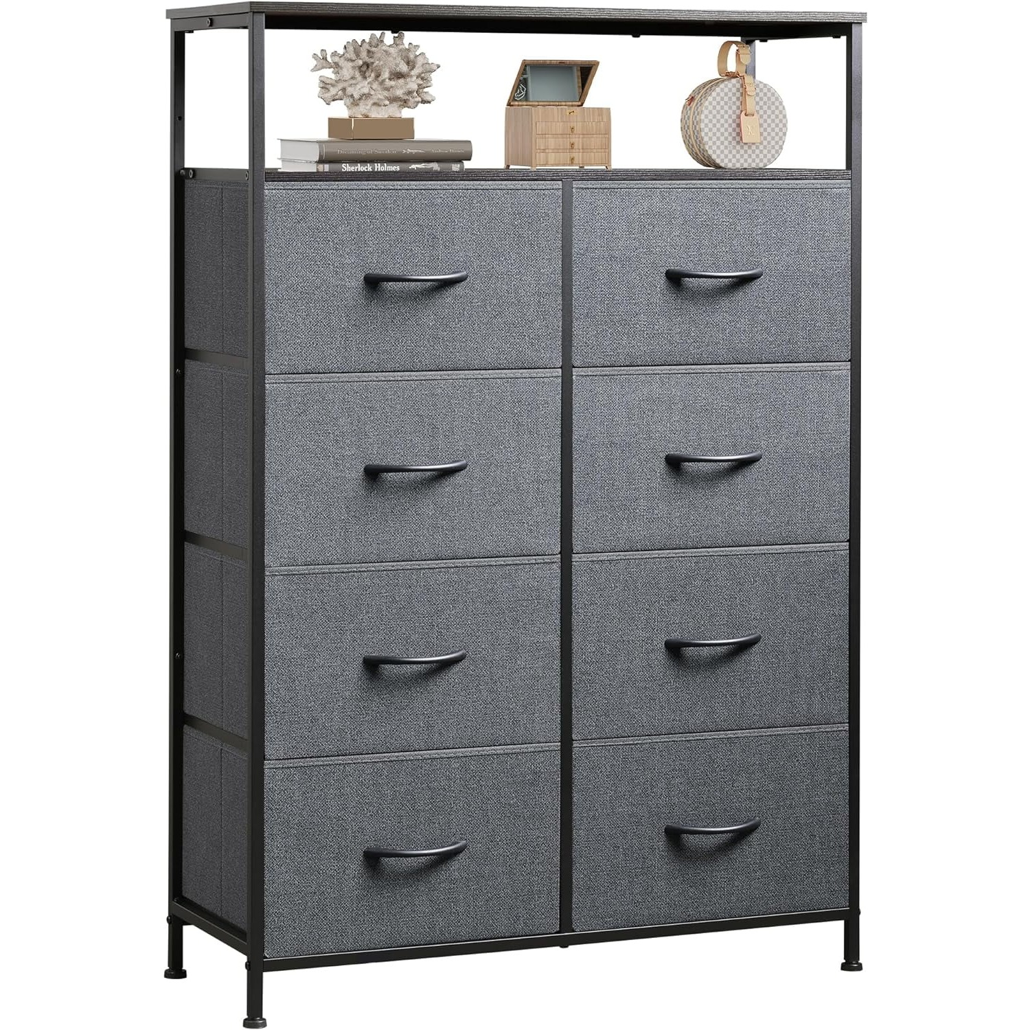 8-Drawer Fabric Dresser 46in Open Shelf Tall Storage Cabinet