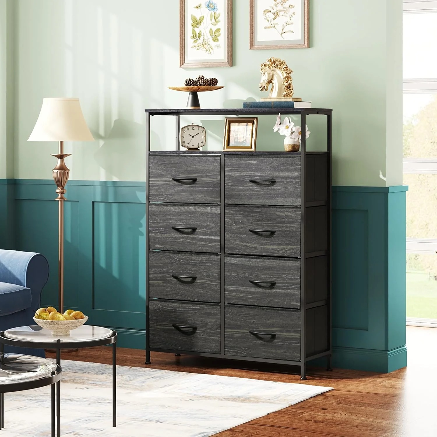 8-Drawer Fabric Dresser 46in Open Shelf Tall Storage Cabinet