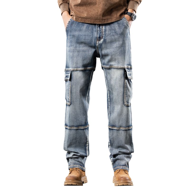 Four Season Versatile Patchwork Multi Pocket Retro Jeans For Men, Loose Straight Leg Outdoor Hiking Military Denim Pants, 50-135KG Wearable_mkmklike.com