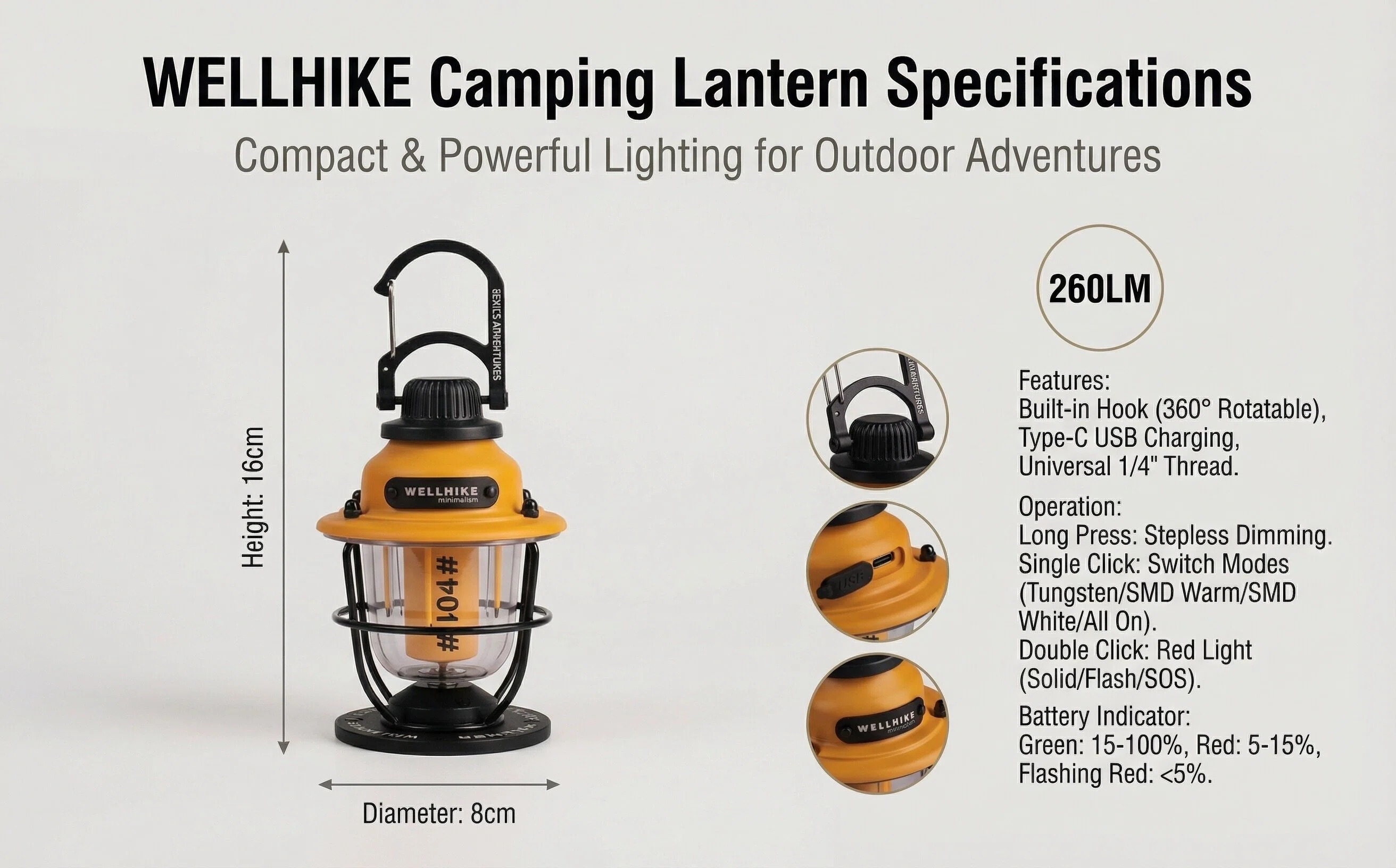 Lantern with carabiner hook on tent