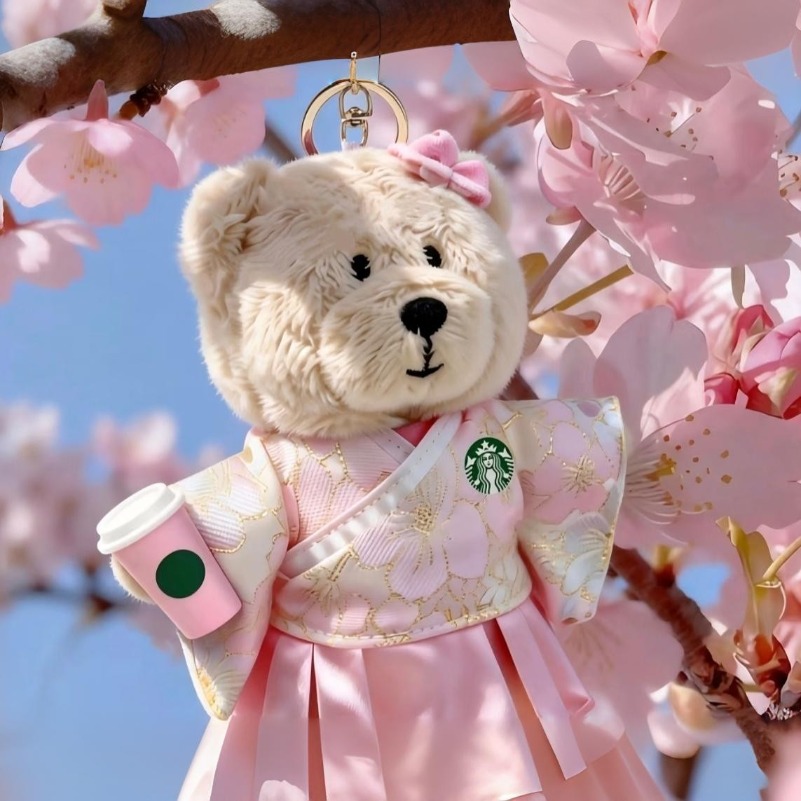 New Starbucks China Spring Sakura Series Pink Bear Plush Keychain