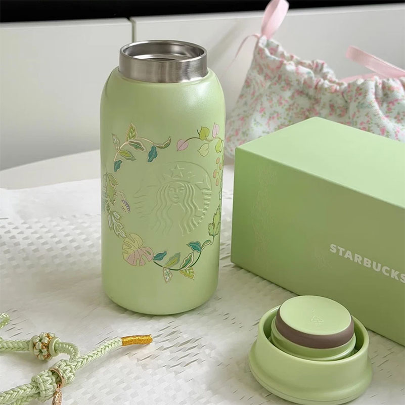 Starbucks ライトグリーン水筒 花柄 New Starbucks China 2026 Spring Auspicious Pattern 12oz Compact