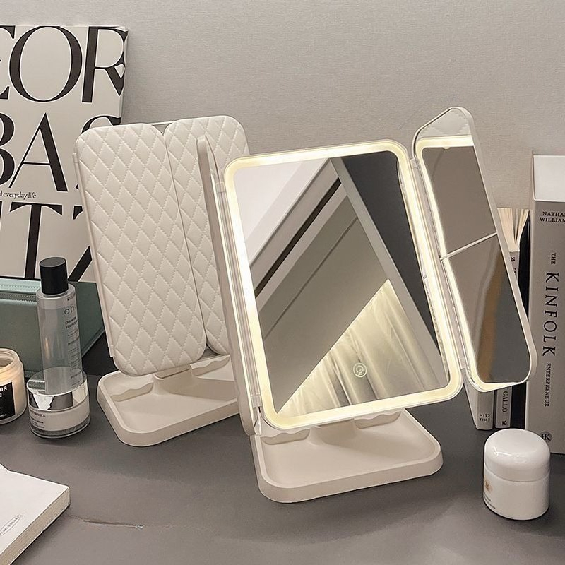 LED Makeup Mirror Desktop With Lamp Three-sided Folding Enlarged Internet Celebrity Desktop Beauty Bedroom Dressing Mirror_voghion.com