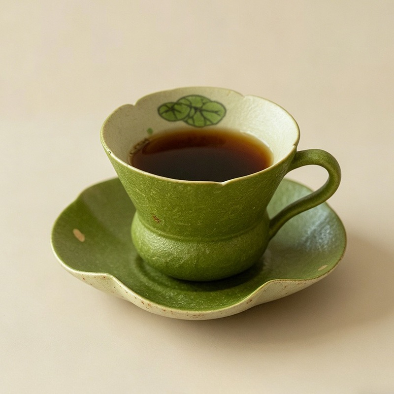 Kaffeetasse, karamellfarbene Unterglasur, Kaffeetasse mit Untertasse, handbemalt, mit Fischmotiv, Spielkeramik, goldfarben bestreut, Teetasse_voghion.com