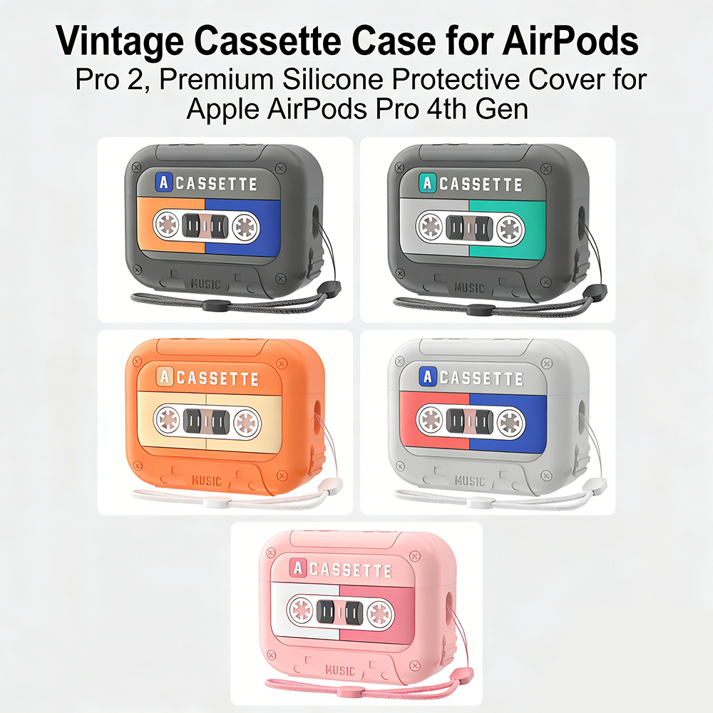 Funda protectora vintage tipo casete, apta para AirPods Pro 2 y AirPods de 4.ª generación. Incluye carga inalámbrica portátil y un práctico cordón._voghion.com