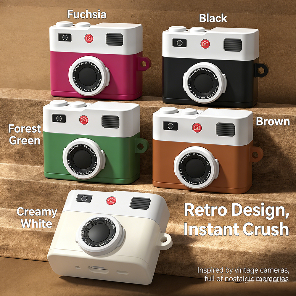 Camera-vormige siliconen beschermhoes, compatibel met Airpods 4, Airpods Pro 2 en Airpods Pro 3. Draagbaar, anti-verlies ontwerp met gesplitste opening, naadloos draadloos._voghion.com