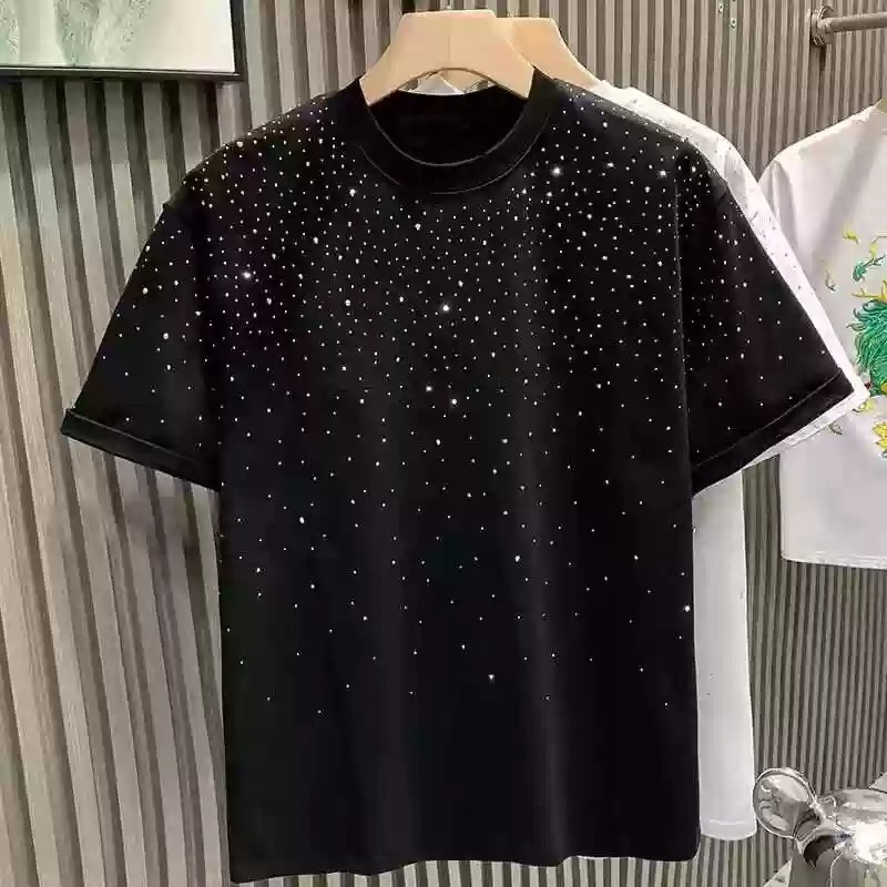 Luxury Rhinestone Embellished Men's T-Shirt | High-End Casual Short Sleeve | Wrinkle-Resistant Sparkle Top_voghion.com