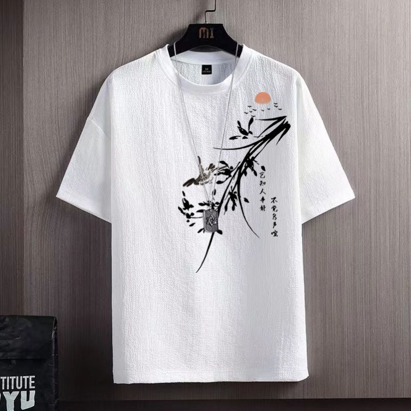 Men’s Black Bamboo Print T‑Shirt – Oriental Art Graphic Tee With Birds & Sun, Loose Fit Summer Casual Top, Japanese Style Streetwear Shirt For Daily W_voghion.com