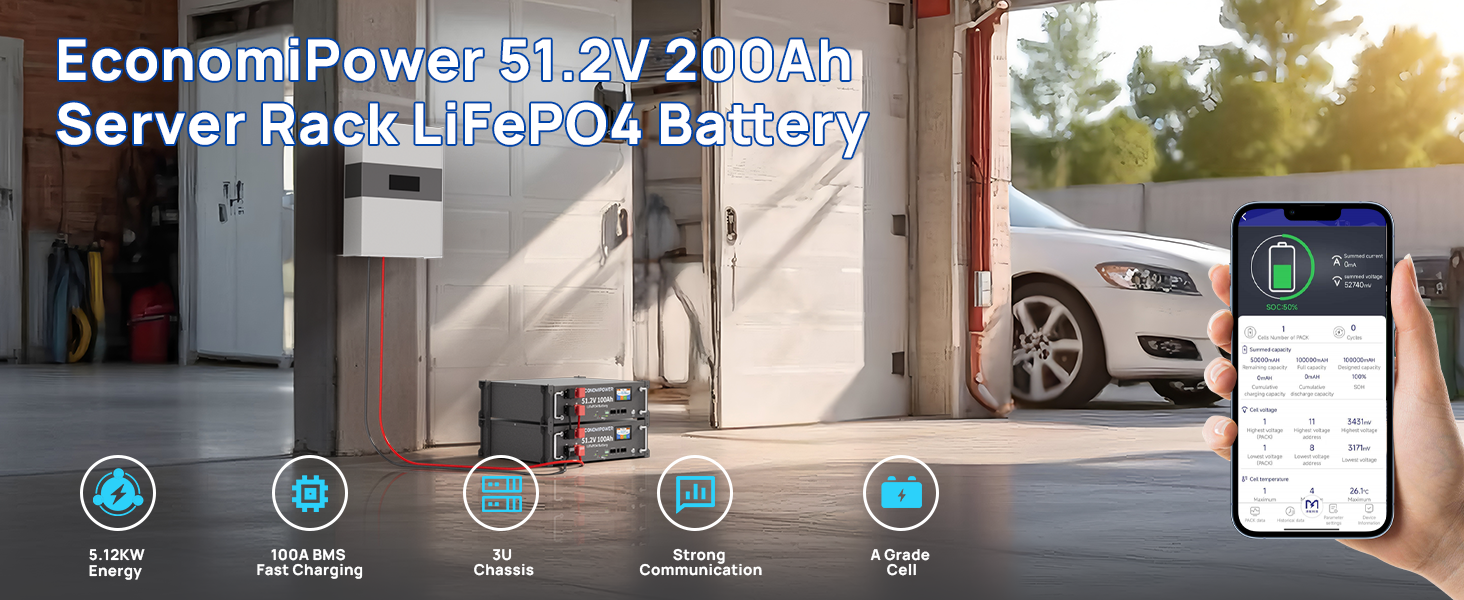 EconomiPower 51.2V 100Ah Server Rack LiFePO4 Batterie Solar Heimspeicher