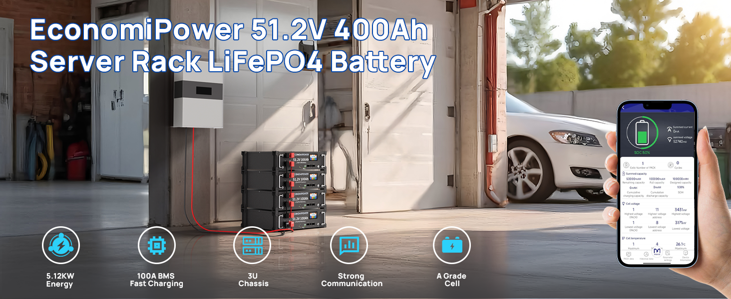 EconomiPower 51.2V 100Ah Server Rack LiFePO4 Batterie Solar Heimspeicher