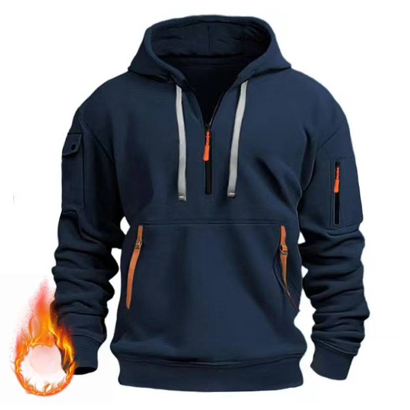 Autumn And Winter Men's Casual Multi-Zipper Arm Pocket Sweater Pullover Large Size Fleece Hooded Sweater_voghion.com