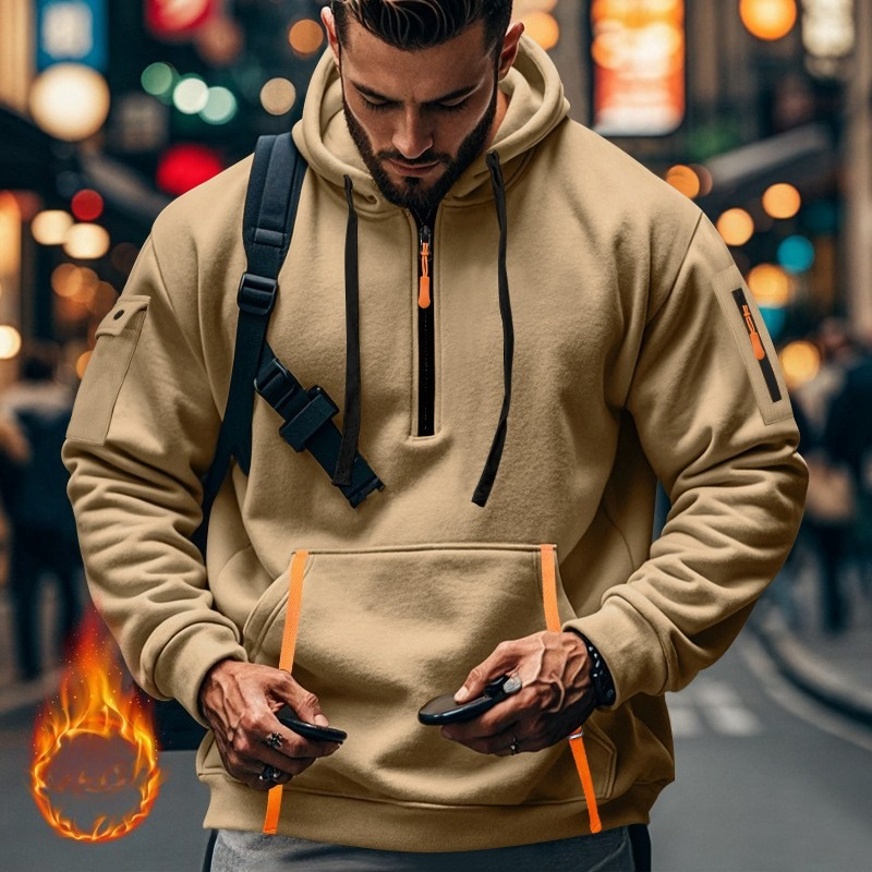 Autumn And Winter Men's Casual Multi-Zipper Arm Pocket Sweater Pullover Large Size Fleece Hooded Sweater_voghion.com