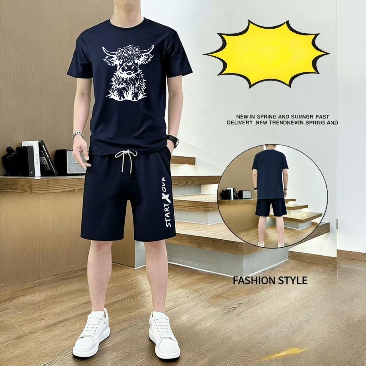 2026 Spring And Summer New Small Flower Highland Cow Print, Men's Outdoor Indoor Sports Suit, Short-sleeved Shorts Two-piece Set_viptrois.com