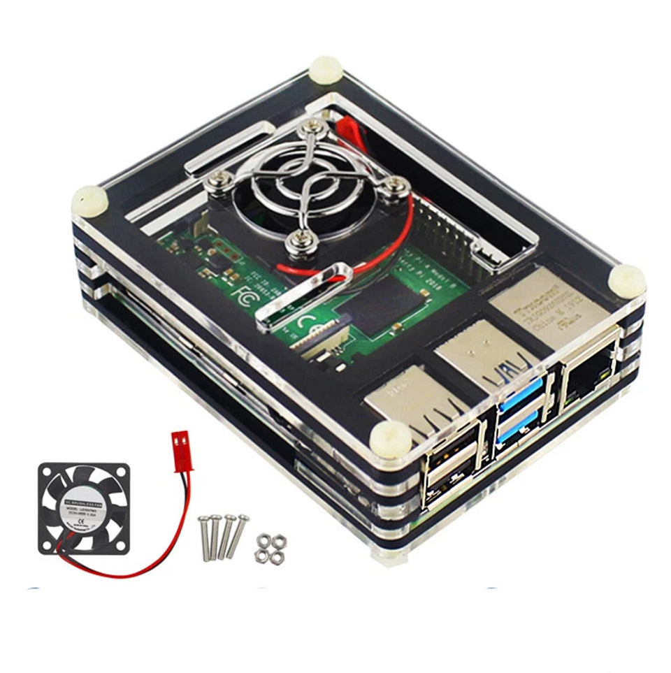 Pi4 installed inside acrylic cooling case with fan